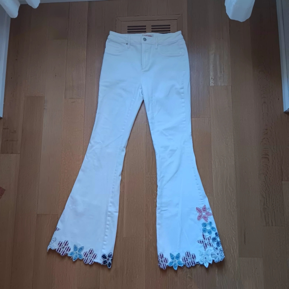 DRIFTWOOD White Flare Pants with Blue and Pink Floral Embroidery